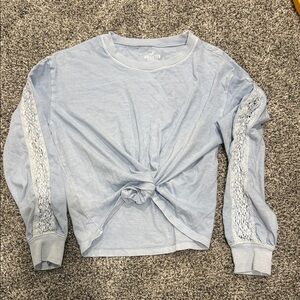Hollister Women’s or Girls Sky Blue Long Sleeve Top with Lace accent in sleeves